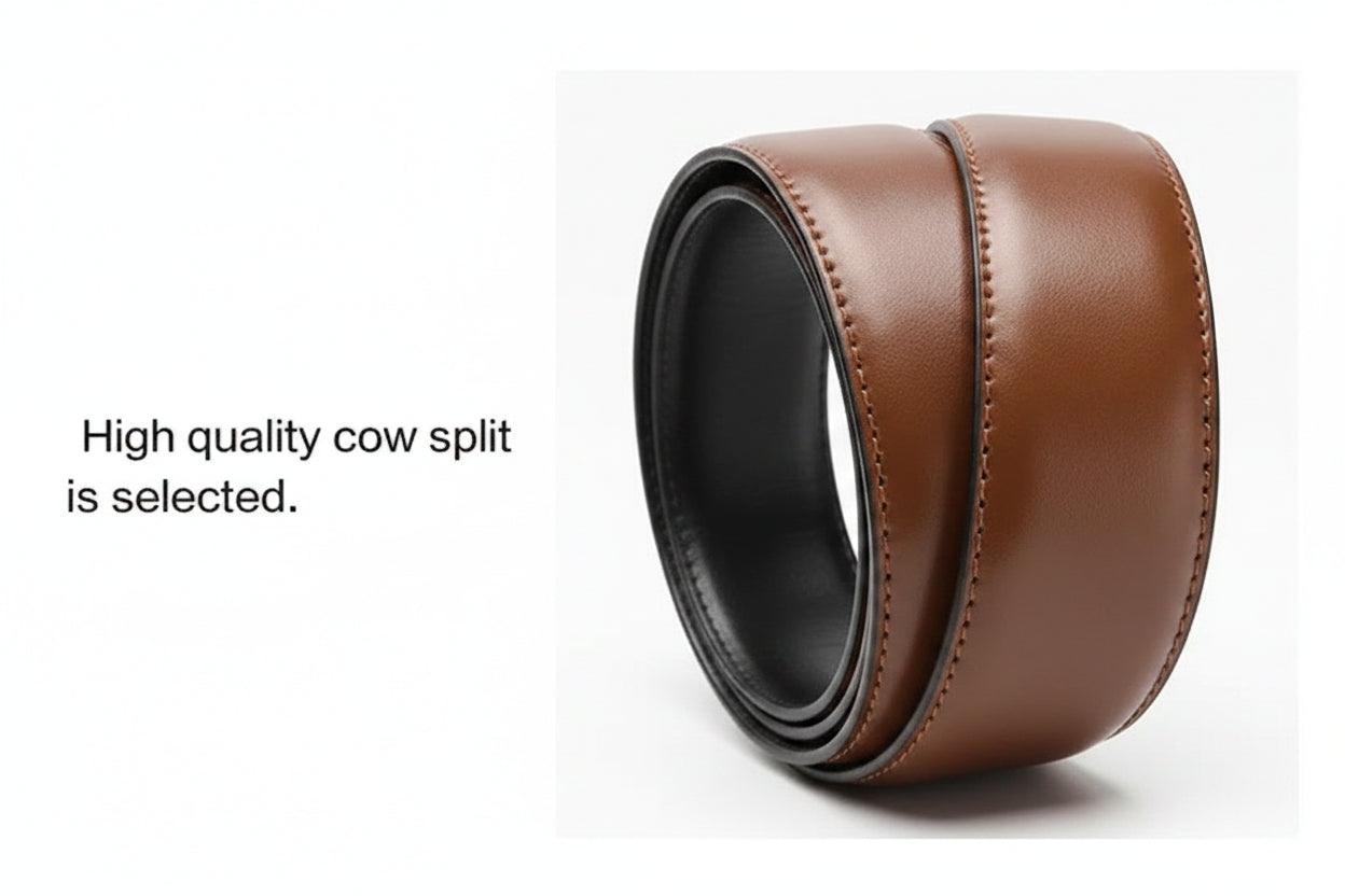 Close-up of a high-quality brown leather belt with visible stitching on a white background.