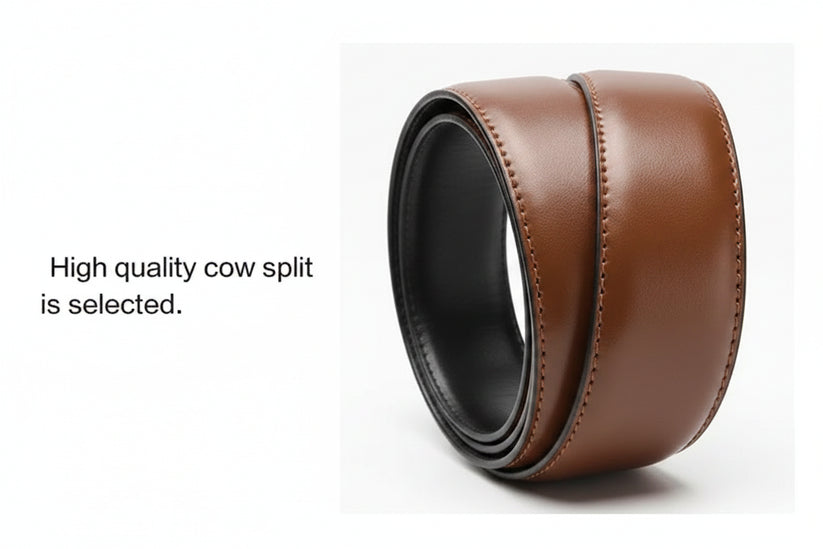 Close-up of a high-quality brown leather belt with visible stitching on a white background.