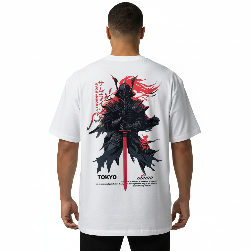 Men's Samurai Graphic T-Shirt Cotton Crew Neck Tee Black White
