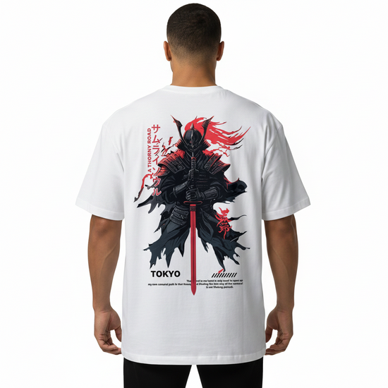 Men's Samurai Graphic T-Shirt Cotton Crew Neck Tee Black White