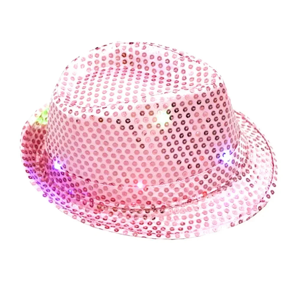 LED Sequin Fedora Hat & Glowing Necktie Set – Light-Up Festival & Party Accessories for Kids & Adults