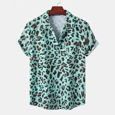 Leopard print shirt on a hanger with a white background