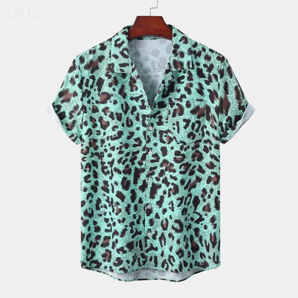 3D Printed Leopard Print Men's Shirt  Fashionable and Casual Summer Short Sleeved Beach Shirt