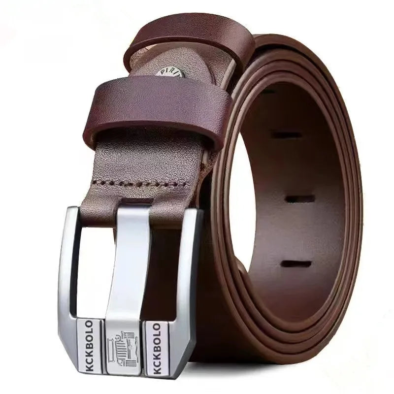 Brown leather belt with silver buckle on a white background