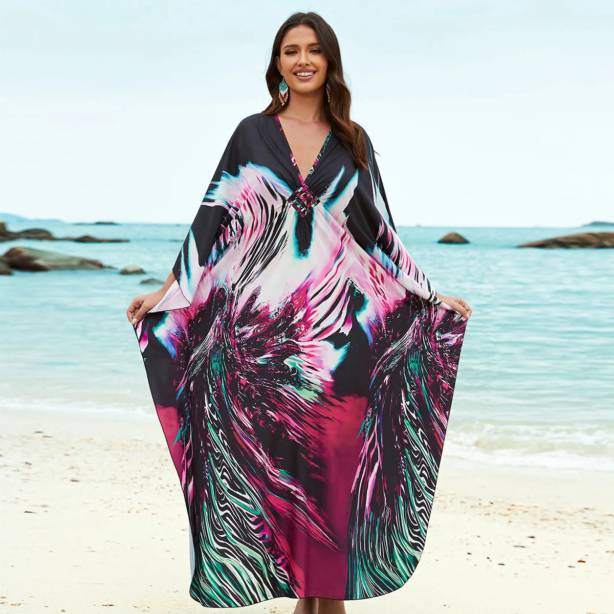 1. Maxi Kaftan Beach Dresses for Women – Artistic Summer Robe with Bold Prints