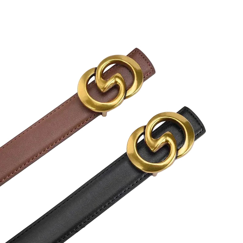 Two belts with gold interlocking rings on a white background, labeled 'Light Luxury'.