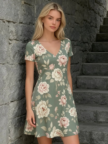 Womens Floral V Neck Short Sleeve A Line Mini Dress XS to XXL