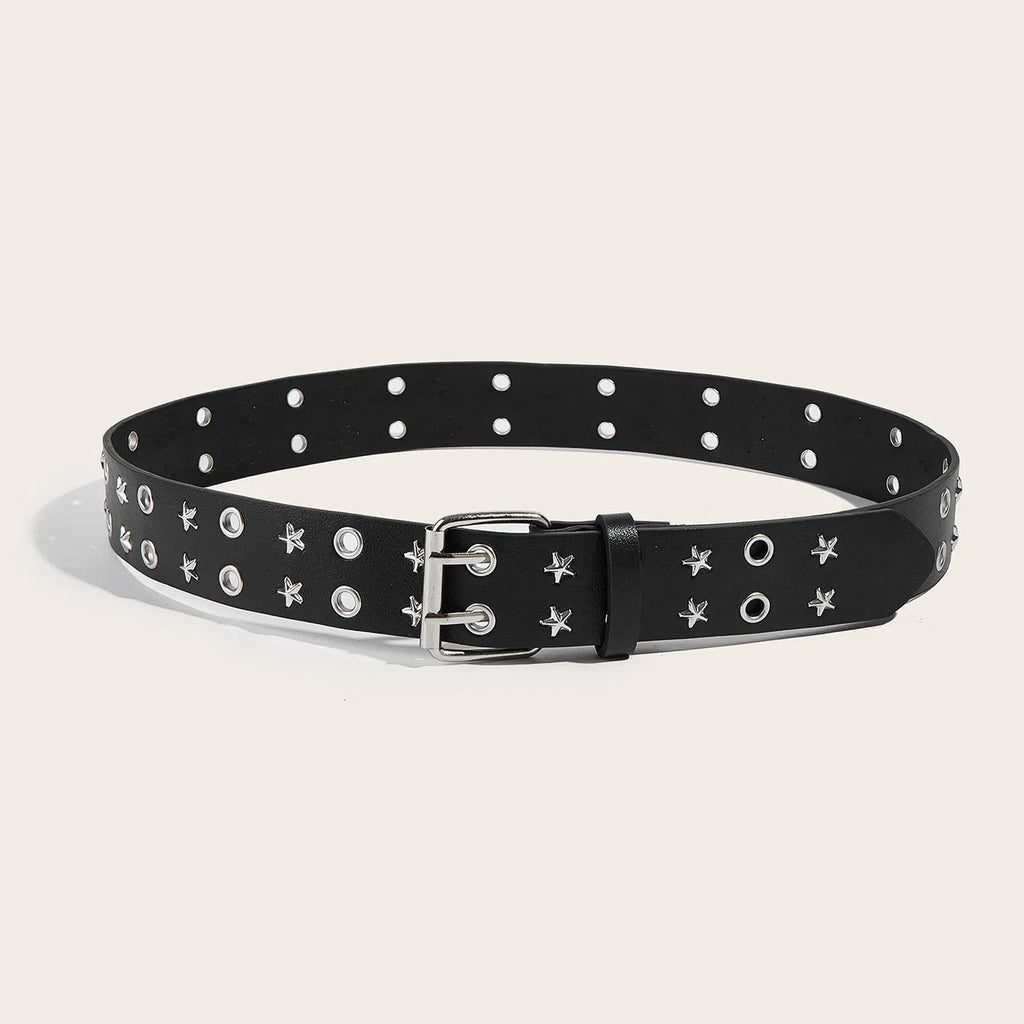 Black belt with star and circle patterns on a light gray background