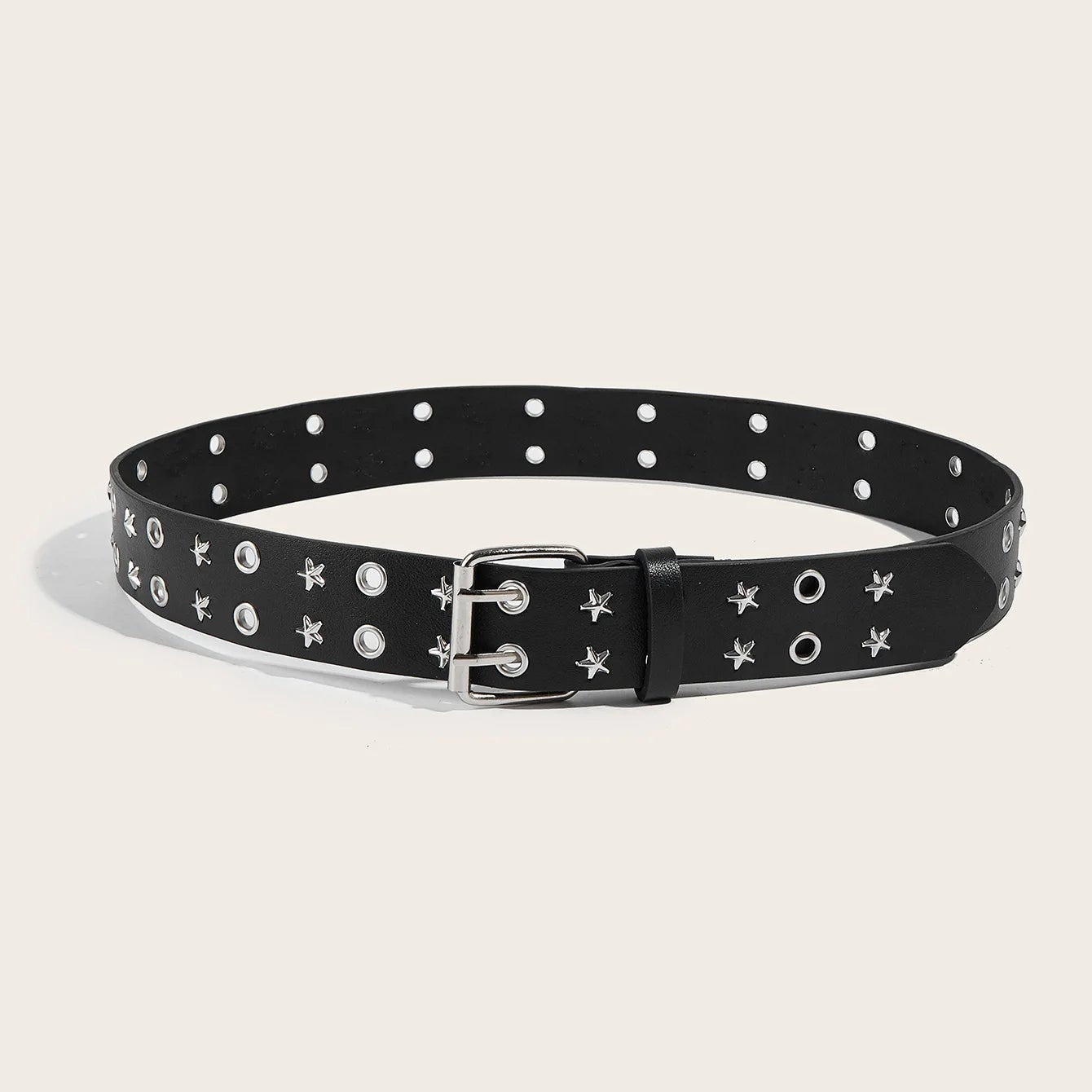 Black belt with star and circle patterns on a light gray background