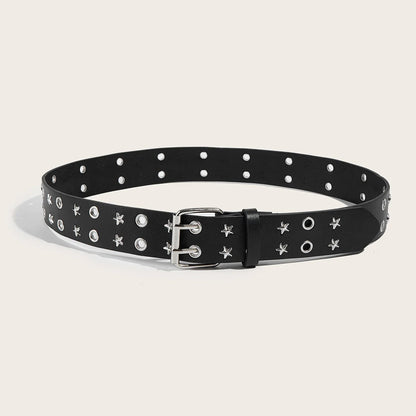 Black belt with star and circle patterns on a light gray background