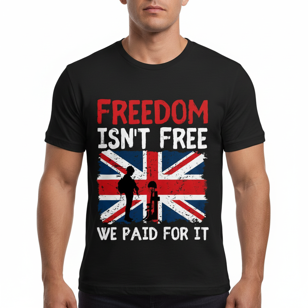 A black short-sleeve t-shirt with a distressed graphic print featuring the Union Jack flag, soldier silhouettes, and the text 'FREEDOM ISN'T FREE WE PAID FOR IT' in red, white, and blue.