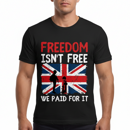 A black short-sleeve t-shirt with a distressed graphic print featuring the Union Jack flag, soldier silhouettes, and the text 'FREEDOM ISN'T FREE WE PAID FOR IT' in red, white, and blue.