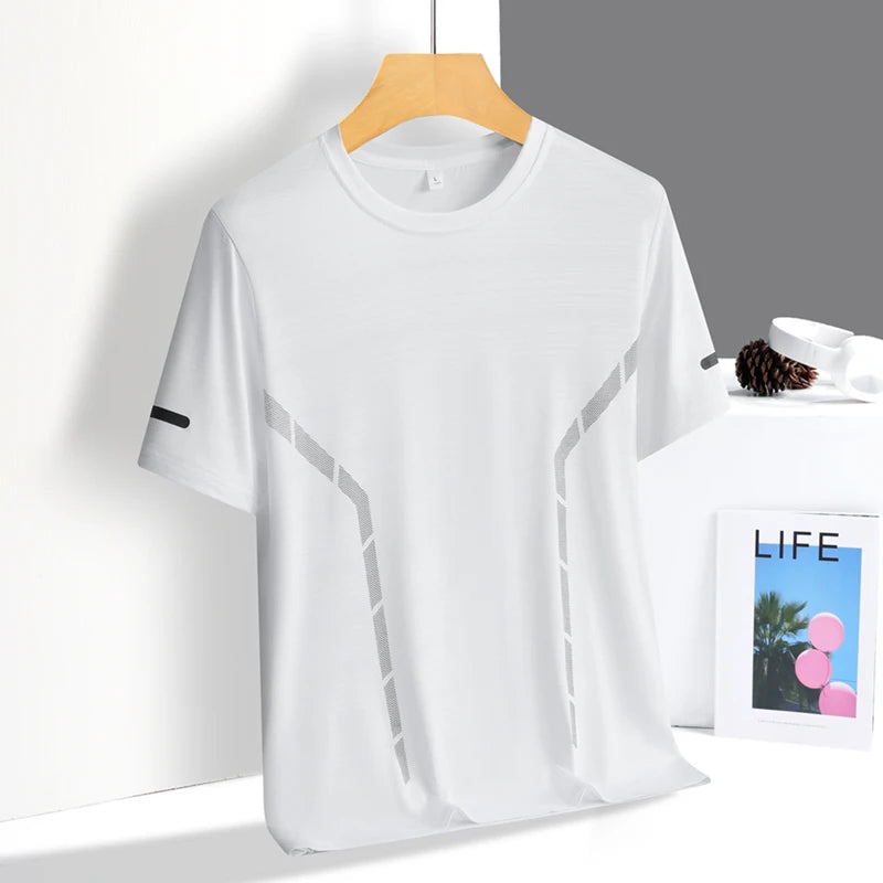 Mens Quick Dry Summer Running T-Shirt Ice Silk Breathable Reflective Gym Top