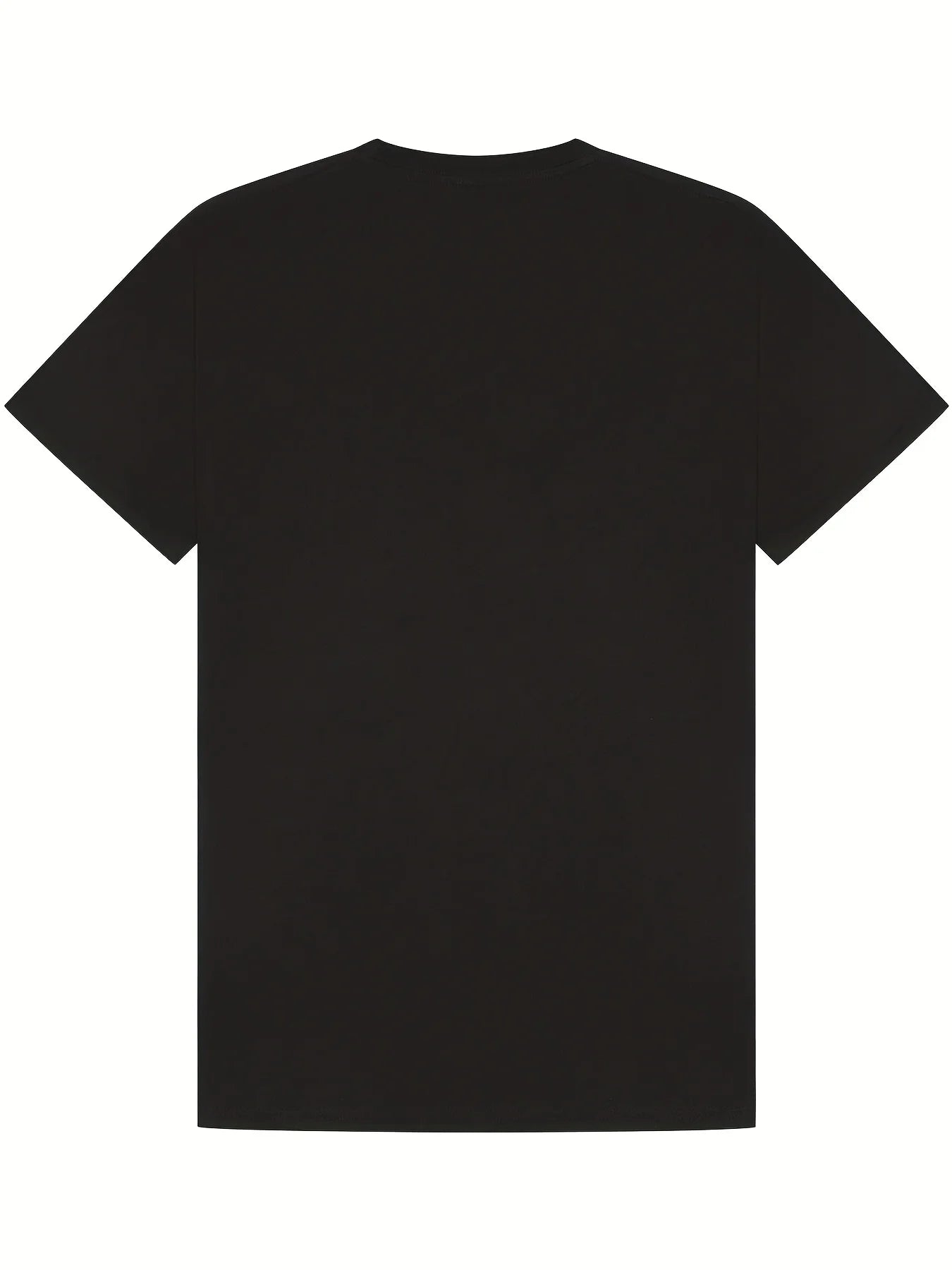 A plain black short-sleeve crewneck t-shirt shown from the back, laid flat against a solid white background.