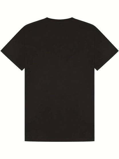 A plain black short-sleeve crewneck t-shirt shown from the back, laid flat against a solid white background.