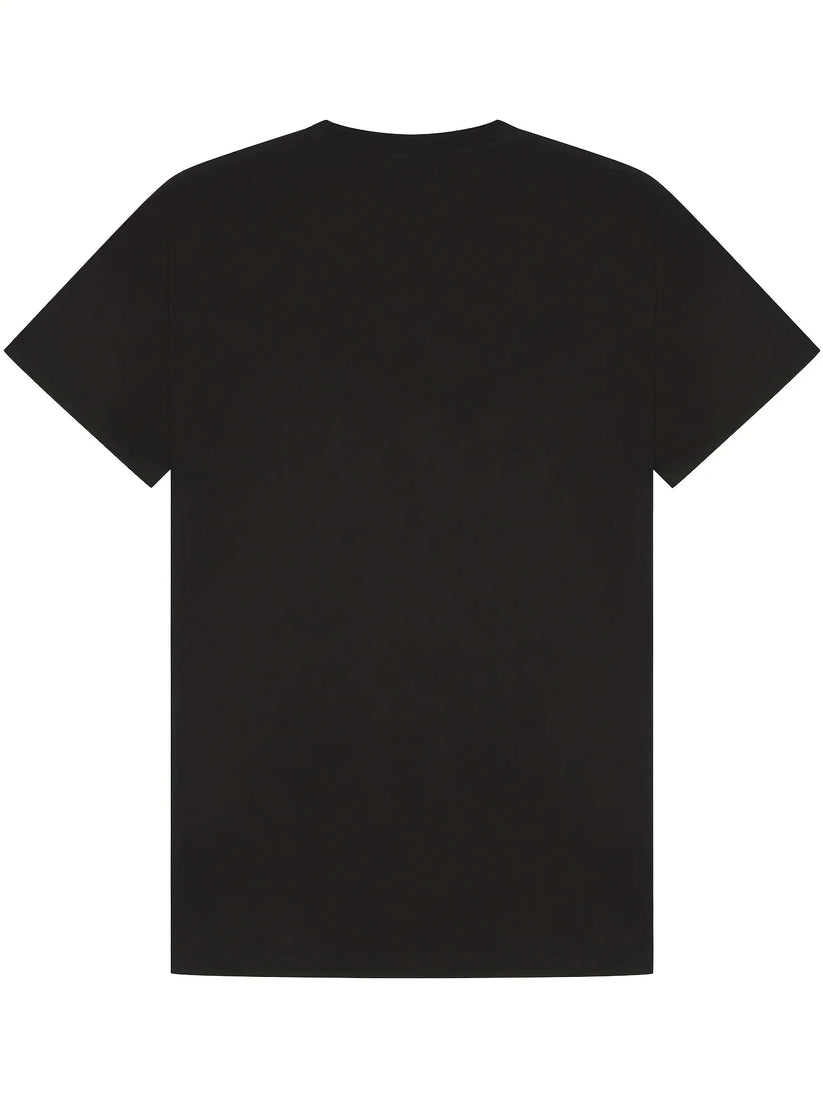A plain black short-sleeve crewneck t-shirt shown from the back, laid flat against a solid white background.