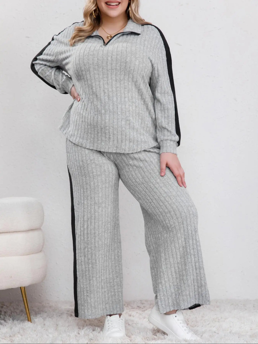 Womens Plus Size Contrast Trim Zipper Top Wide Leg Pants Two-Piece Set UK 18-24