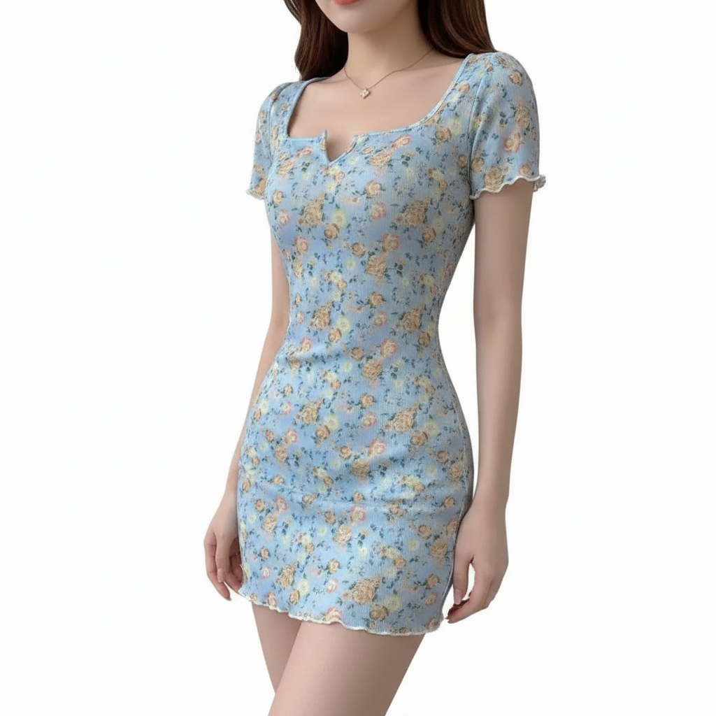 A woman wearing a light blue short-sleeve mini dress with a delicate floral print, featuring a square neckline with a small keyhole cutout and ruffled trim.