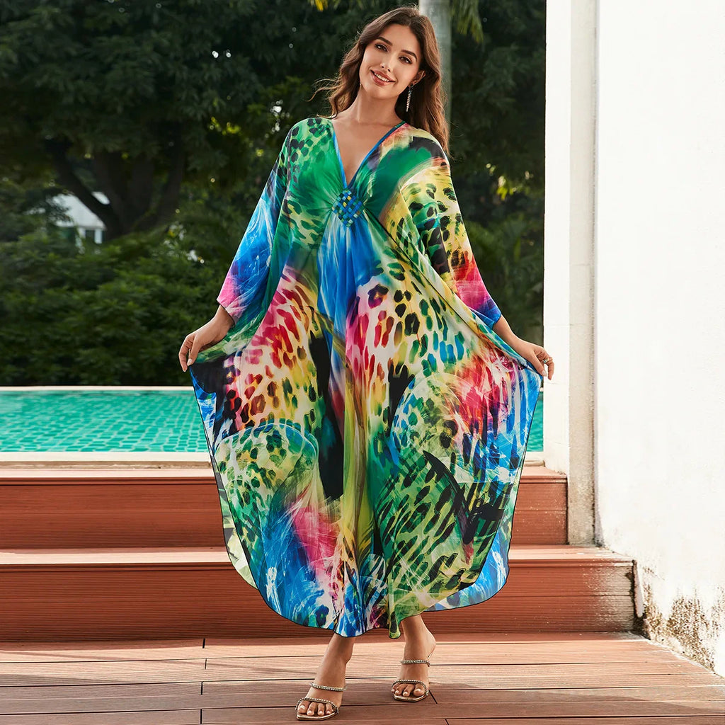1. Maxi Kaftan Beach Dresses for Women – Artistic Summer Robe with Bold Prints
