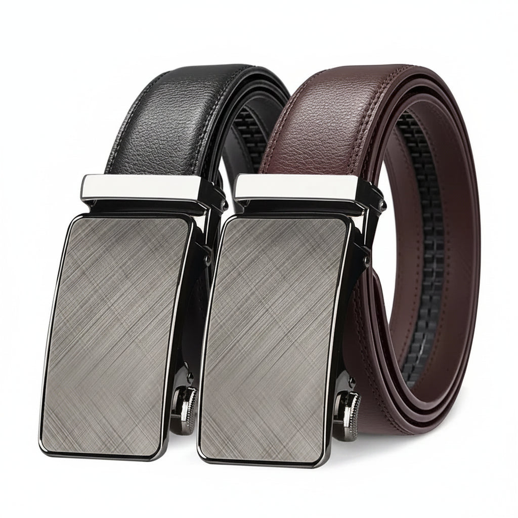 Two leather belts with silver buckles on a white background, labeled '2PCS'.