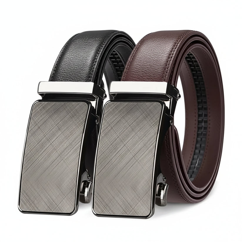 Two leather belts with silver buckles on a white background, labeled '2PCS'.