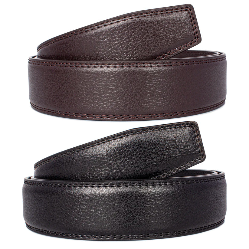 Two leather belts, one brown and one black, on a white background
