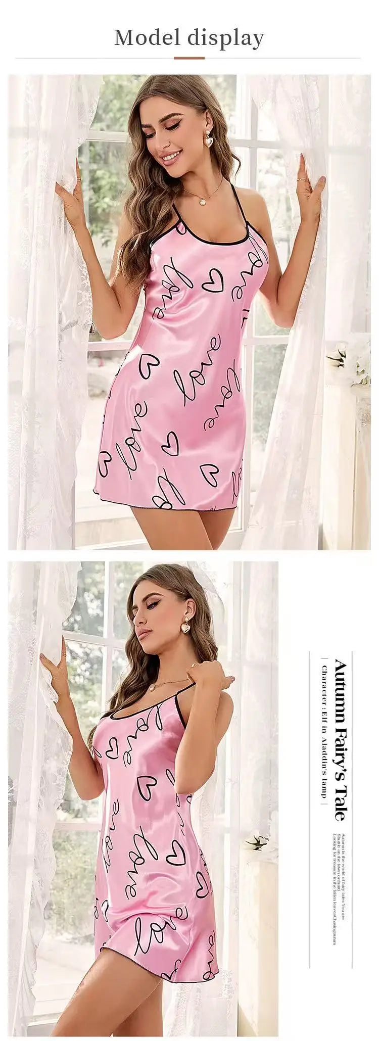 Womens Heart Print Nightdress Spaghetti Strap Casual Sleep Dress - QHA UK