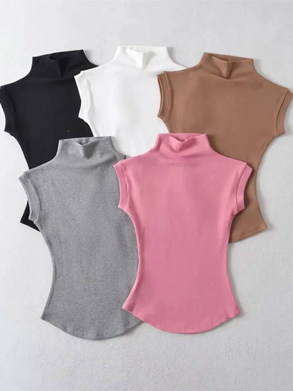 Five sleeveless shirts in black, white, brown, gray, and pink on a light gray background.