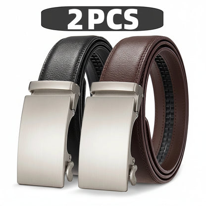 Two leather belts with silver buckles on a white background, labeled '2PCS'.