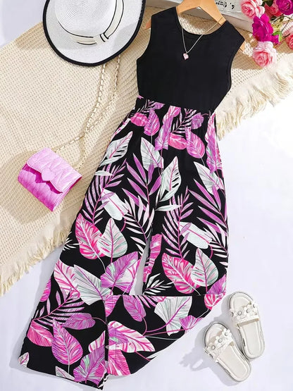Girls Tropical Leaf Print Jumpsuit Black Sleeveless Wide Leg Summer
