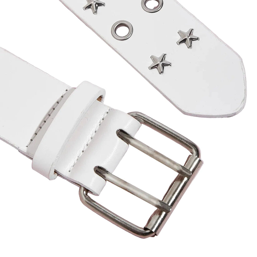 White belt with silver buckle and star-shaped eyelets on a pink background