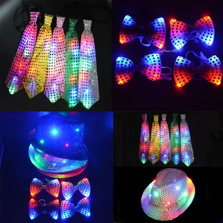LED Sequin Fedora Hat & Glowing Necktie Set – Light-Up Festival & Party Accessories for Kids & Adults