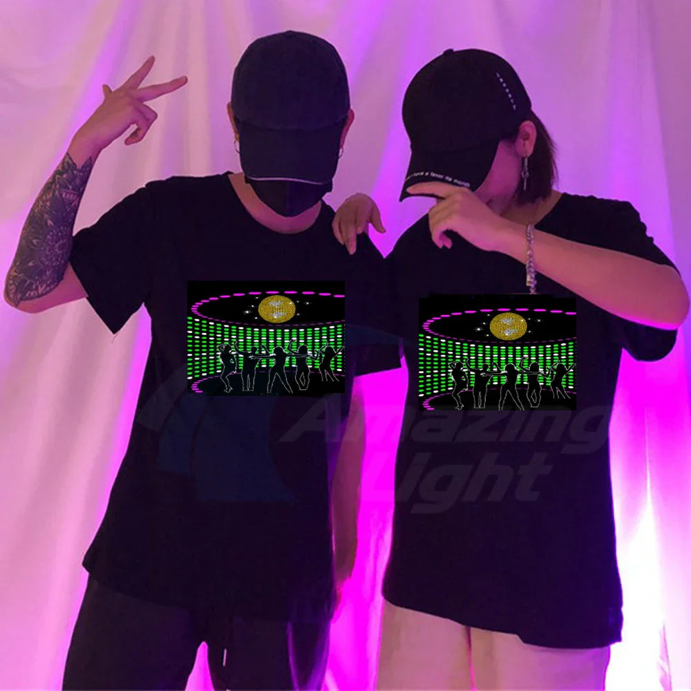 Sound-Activated LED T-Shirt – Colourful Rubik's Cube Light-Up Panel, Music Responsive Flashing Selection