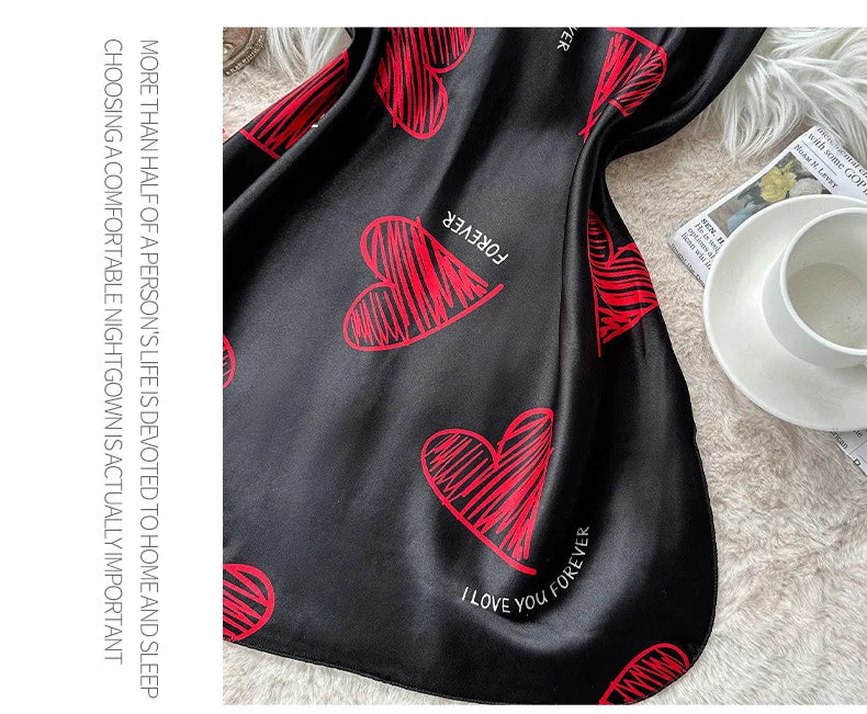 Womens Satin Lip Print Nightdress V Neck Backless Mini Sleepwear - QHA UK