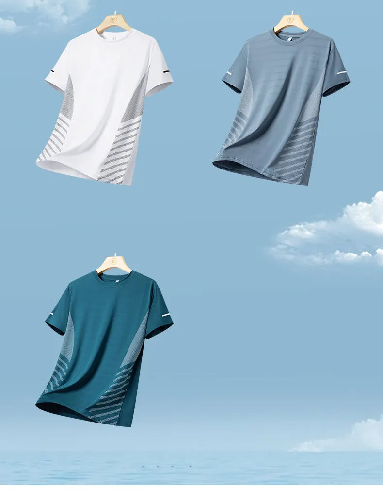 Mens Quick Dry Summer Running T-Shirt Ice Silk Breathable Reflective Gym Top