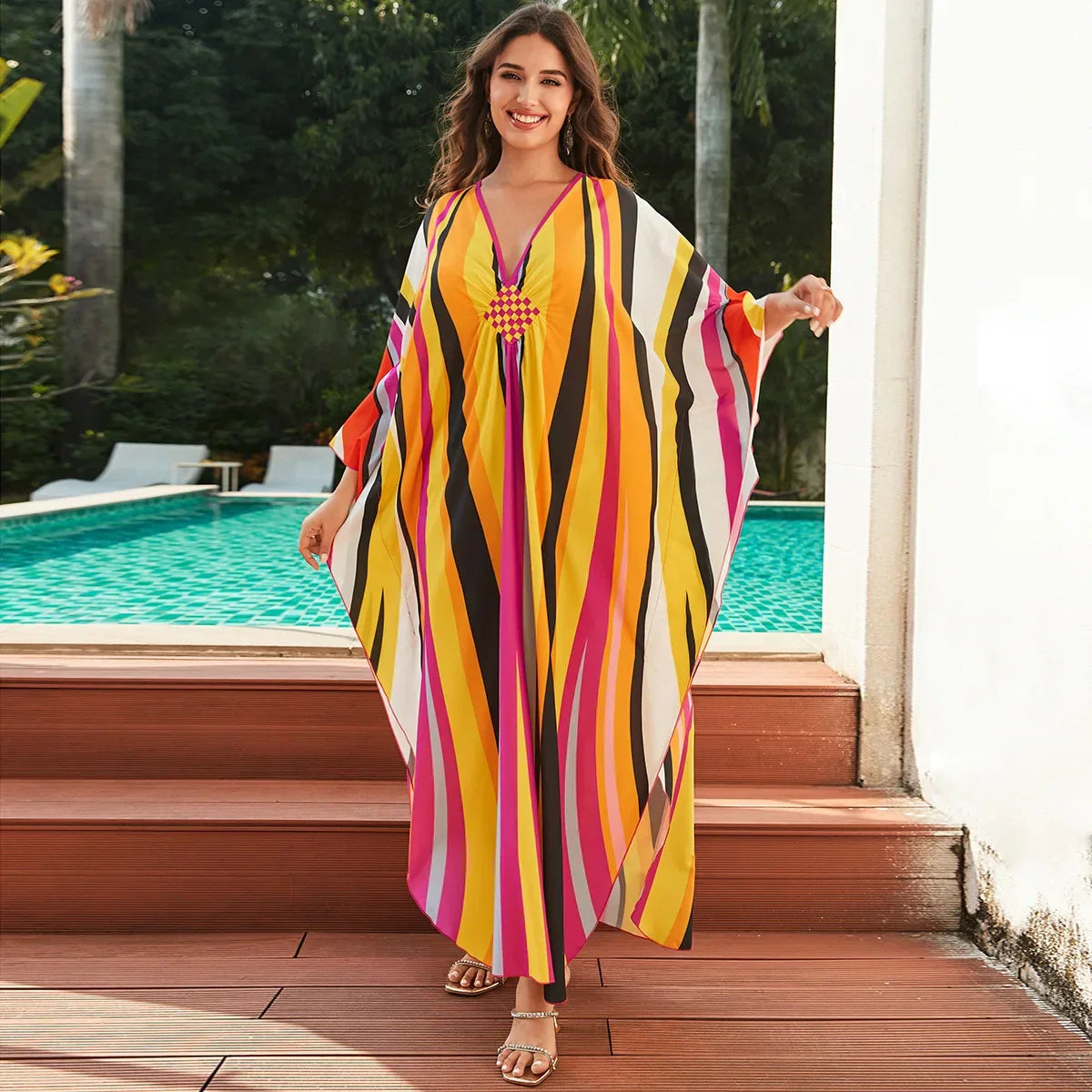 1. Maxi Kaftan Beach Dresses for Women – Artistic Summer Robe with Bold Prints