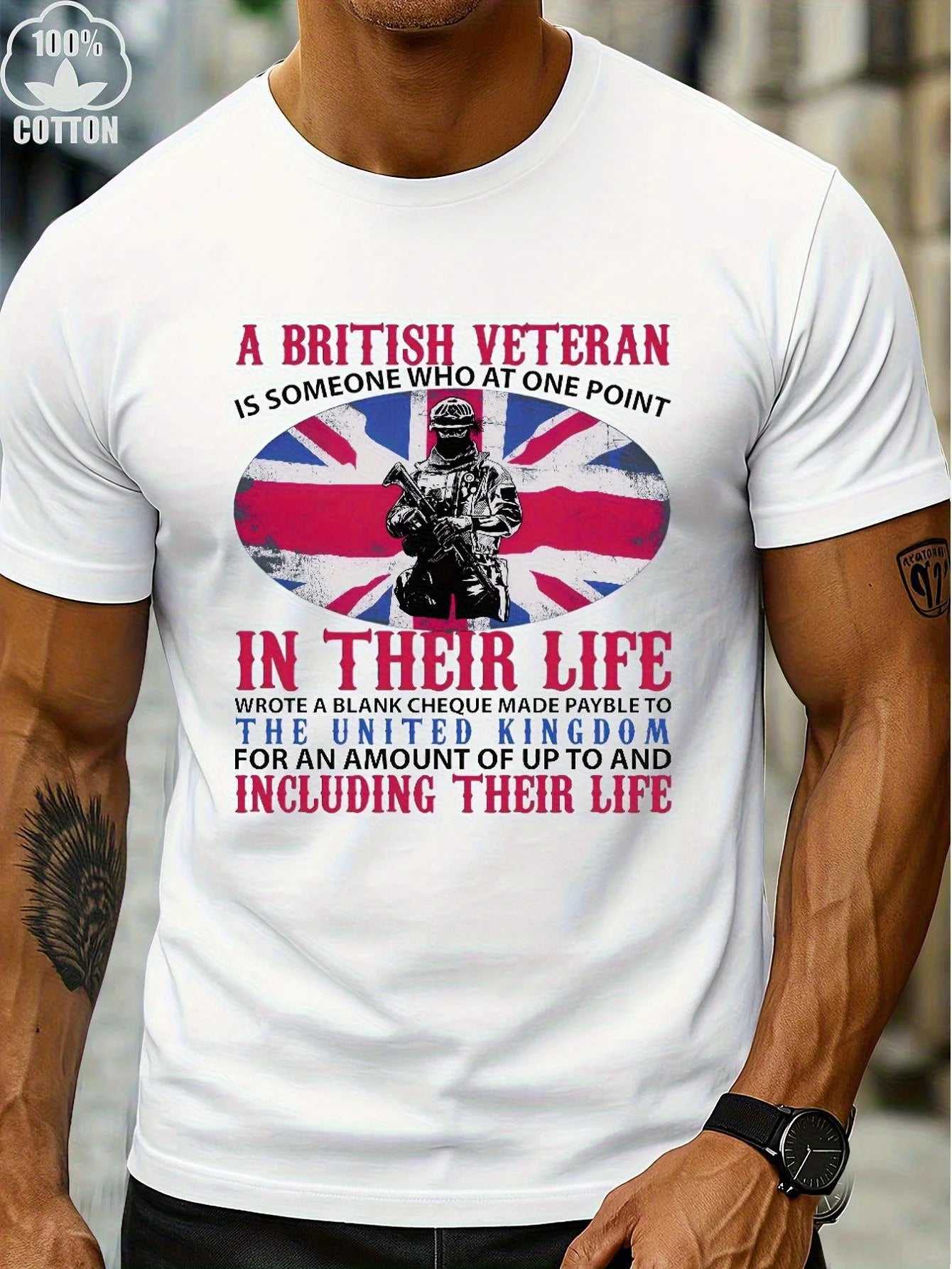 Men's British Veteran T-Shirt Union Jack Blank Cheque Cotton Tee