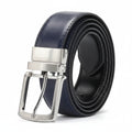 Black leather belt with silver buckle on a white background
