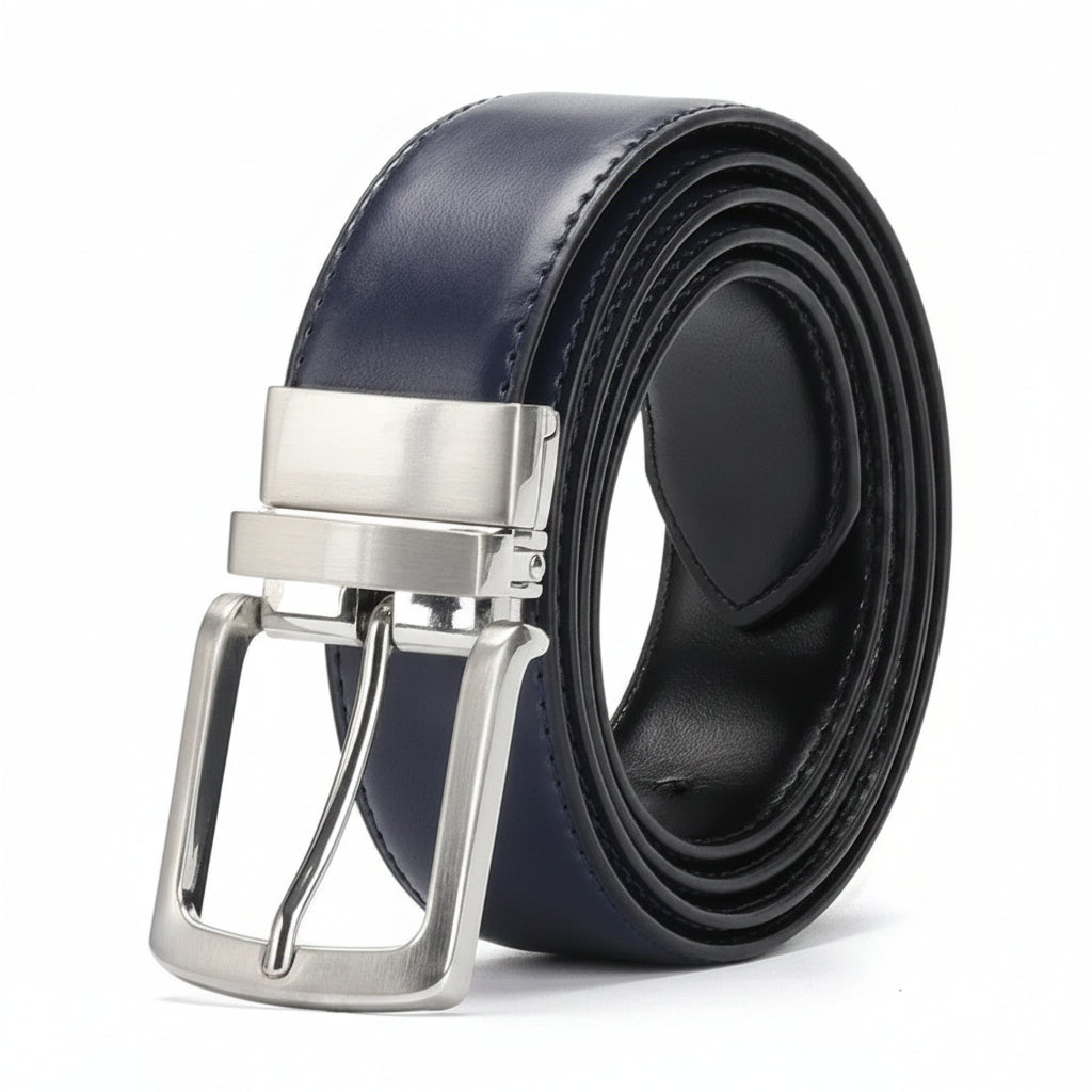 Black leather belt with silver buckle on a white background