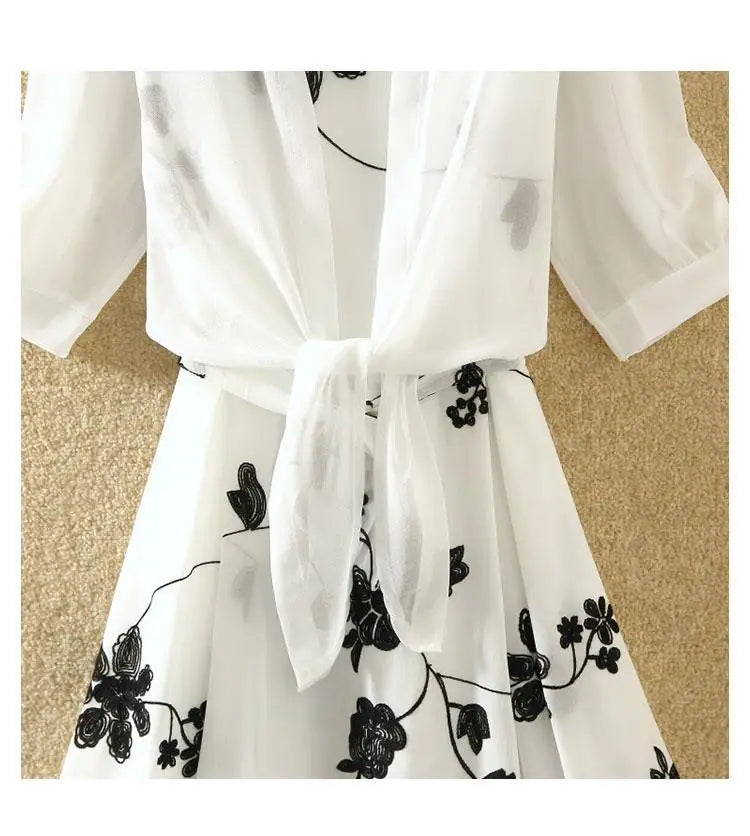 Womens Floral Embroidery Two-Piece Dress Suit Bow Belt UK 8-16