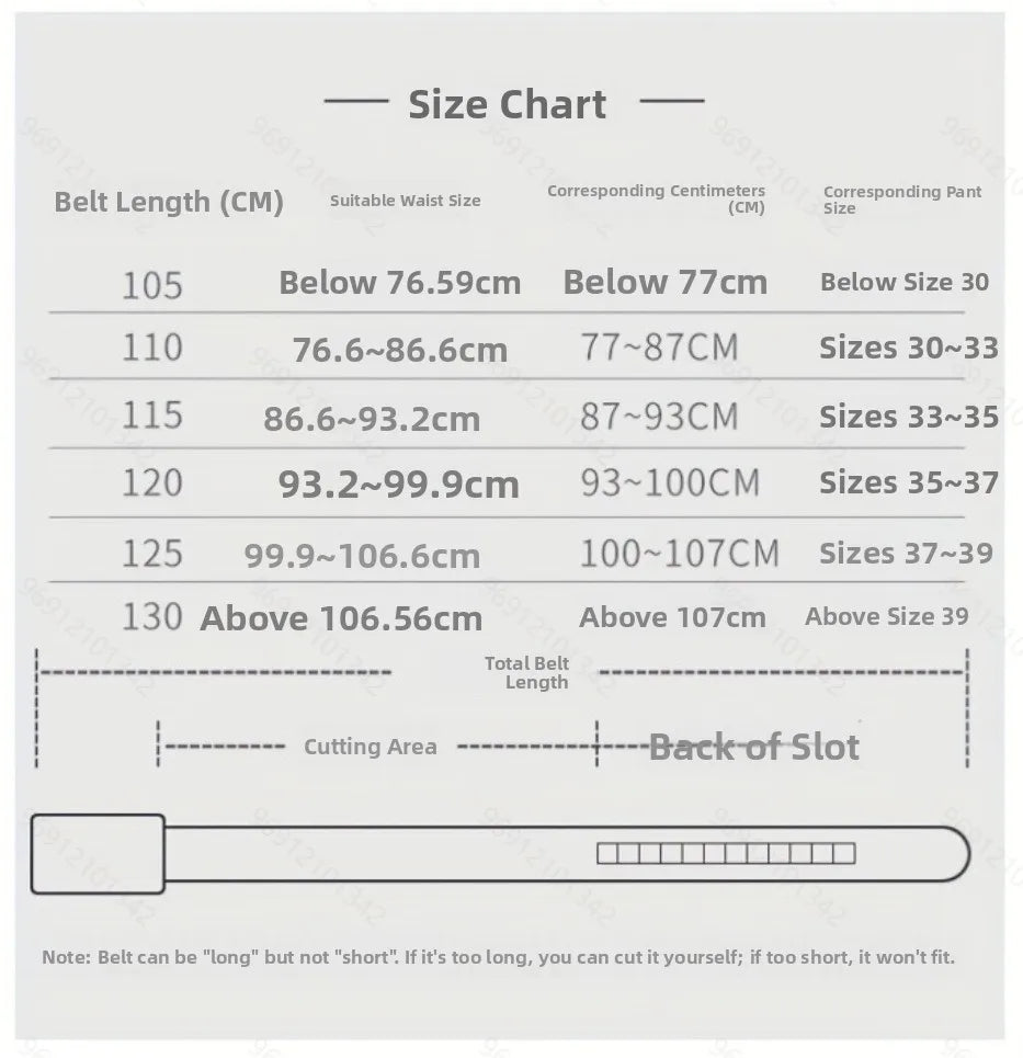 Size chart for belts with measurements in centimeters and corresponding waist and pant sizes.