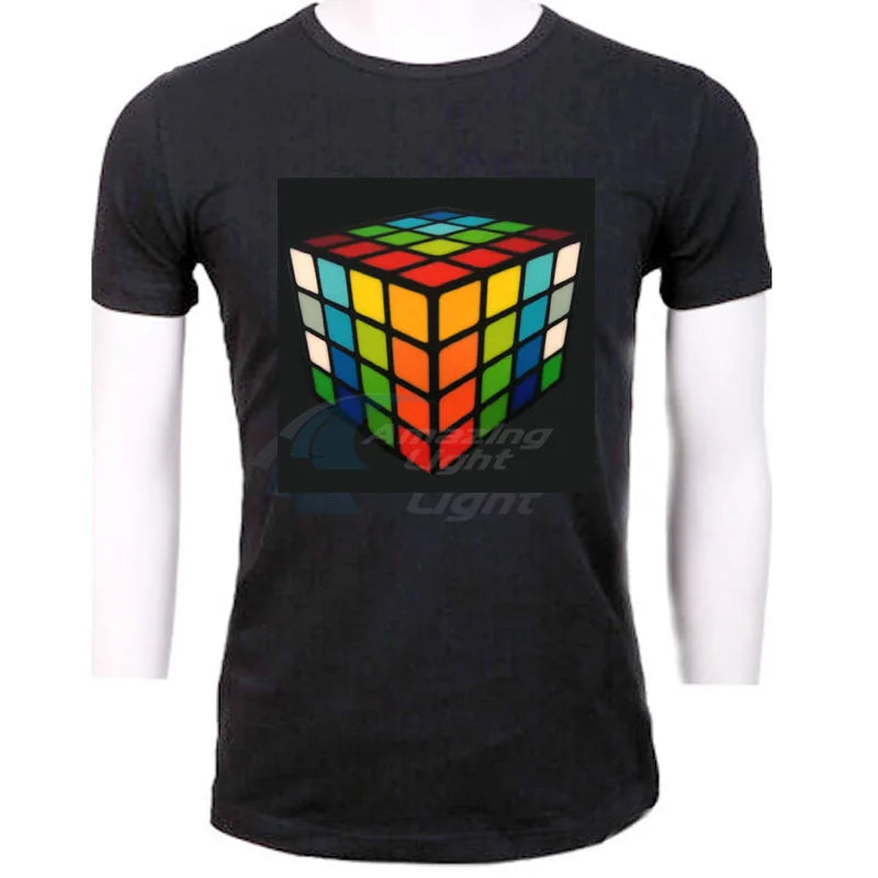 Sound-Activated LED T-Shirt – Colourful Rubik's Cube Light-Up Panel, Music Responsive Flashing Selection