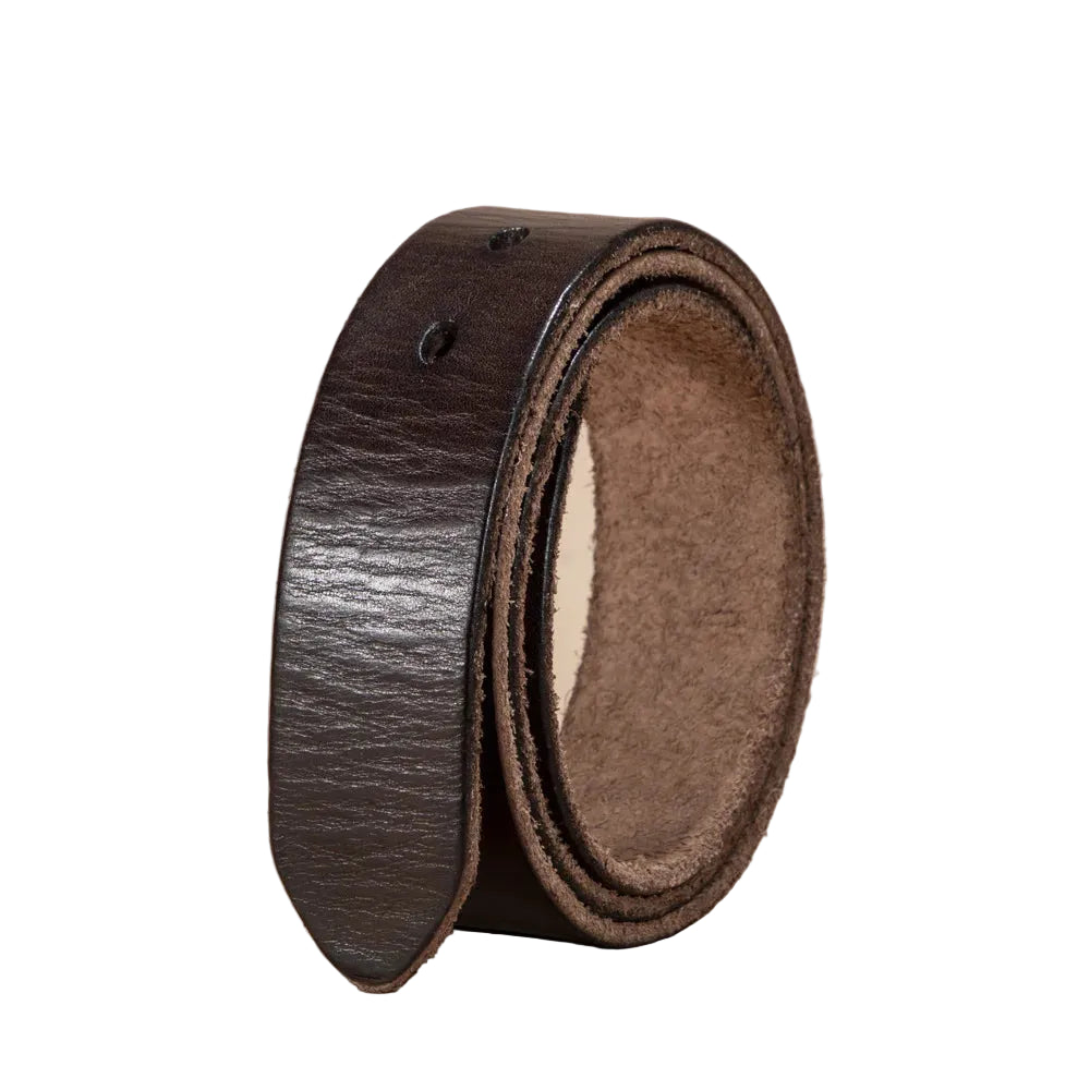 A dark brown leather belt rolled up, showing its textured grain exterior and a lighter tan interior, set against a solid beige background.