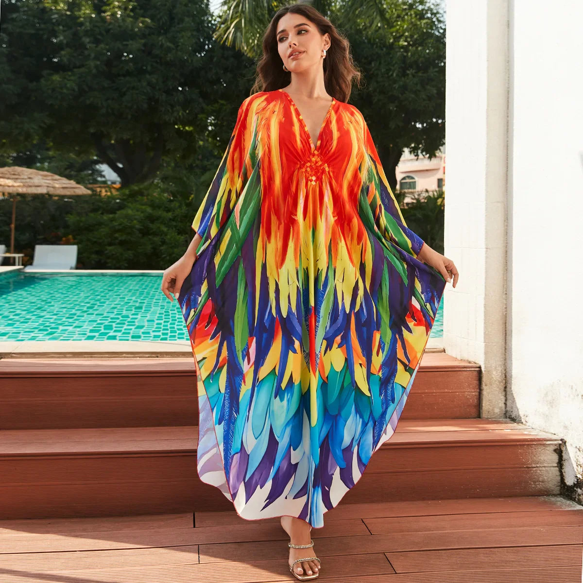 1. Maxi Kaftan Beach Dresses for Women – Artistic Summer Robe with Bold Prints