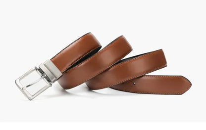 Brown leather belt with silver buckle on a white background