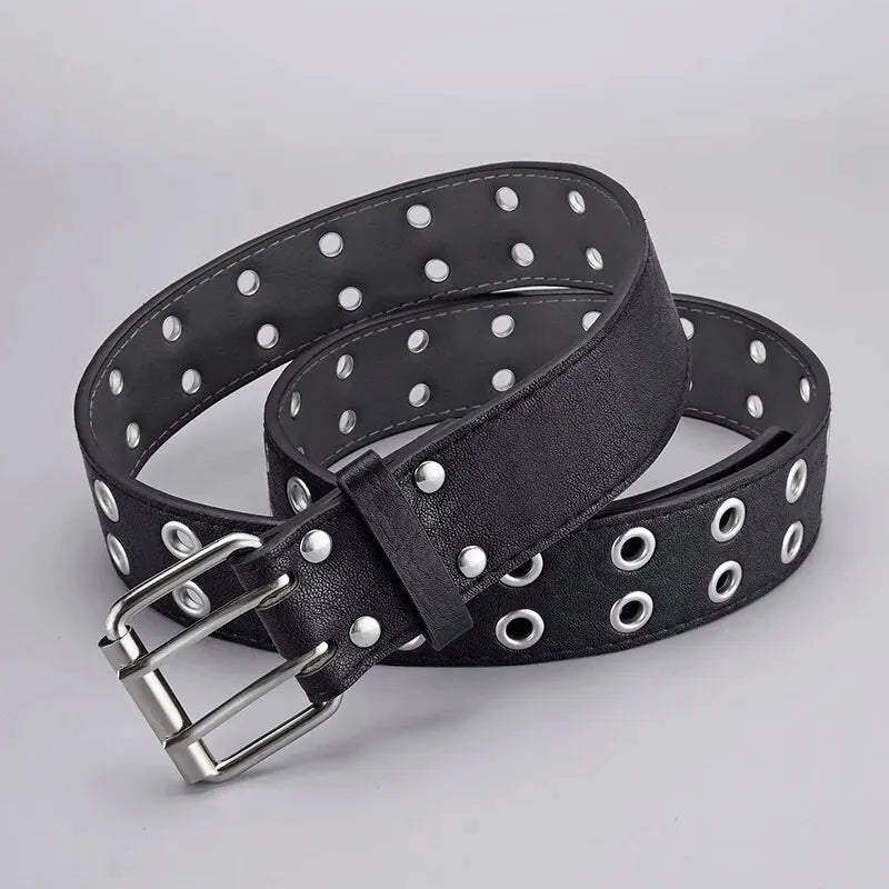 Unisex Y2K Punk Double Hole Belt PU Leather Grommet Rock Streetwear - QHA UK