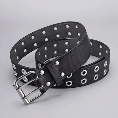 Unisex Y2K Punk Double Hole Belt PU Leather Grommet Rock Streetwear - QHA UK