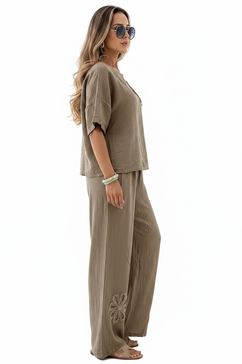 Womens Embroidered Linen Look Half Sleeve Top Wide Leg Pants 2-Piece Set 8-18