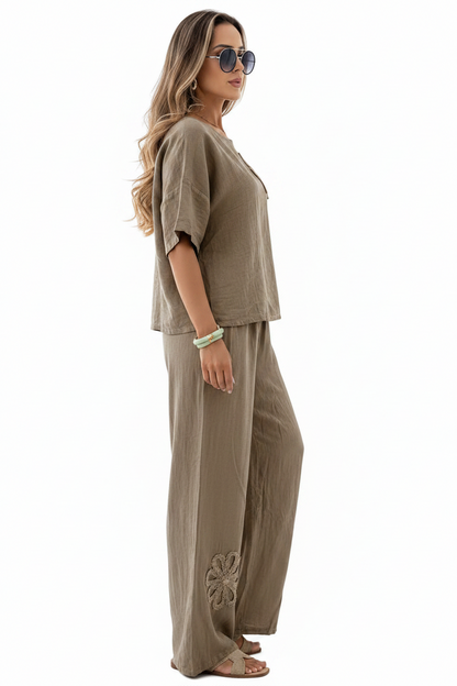 Womens Embroidered Linen Look Half Sleeve Top Wide Leg Pants 2-Piece Set 8-18