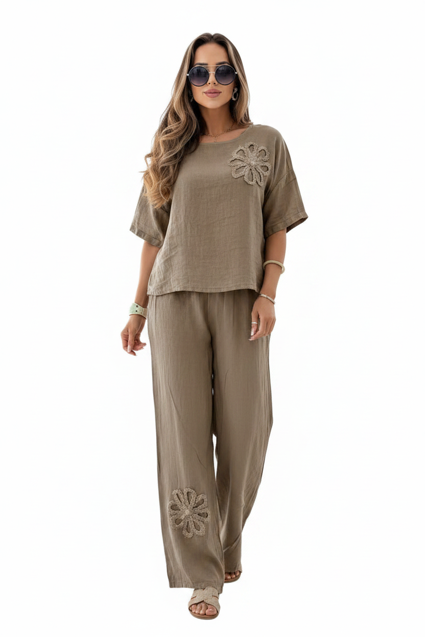 Womens Embroidered Linen Look Half Sleeve Top Wide Leg Pants 2-Piece Set 8-18